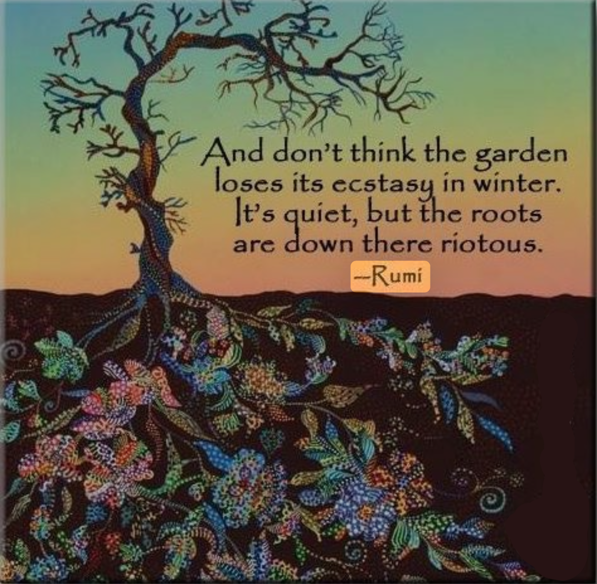 Winter tree with colourful roots illustrating quiet renewal and easing the winter blues